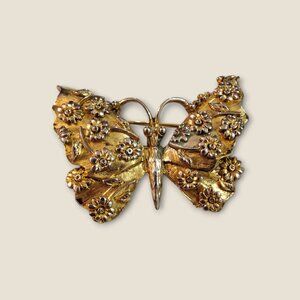 Oscar De La Renta Vintage Gold-Tone Butterfly Brooch Pendant With Floral Design